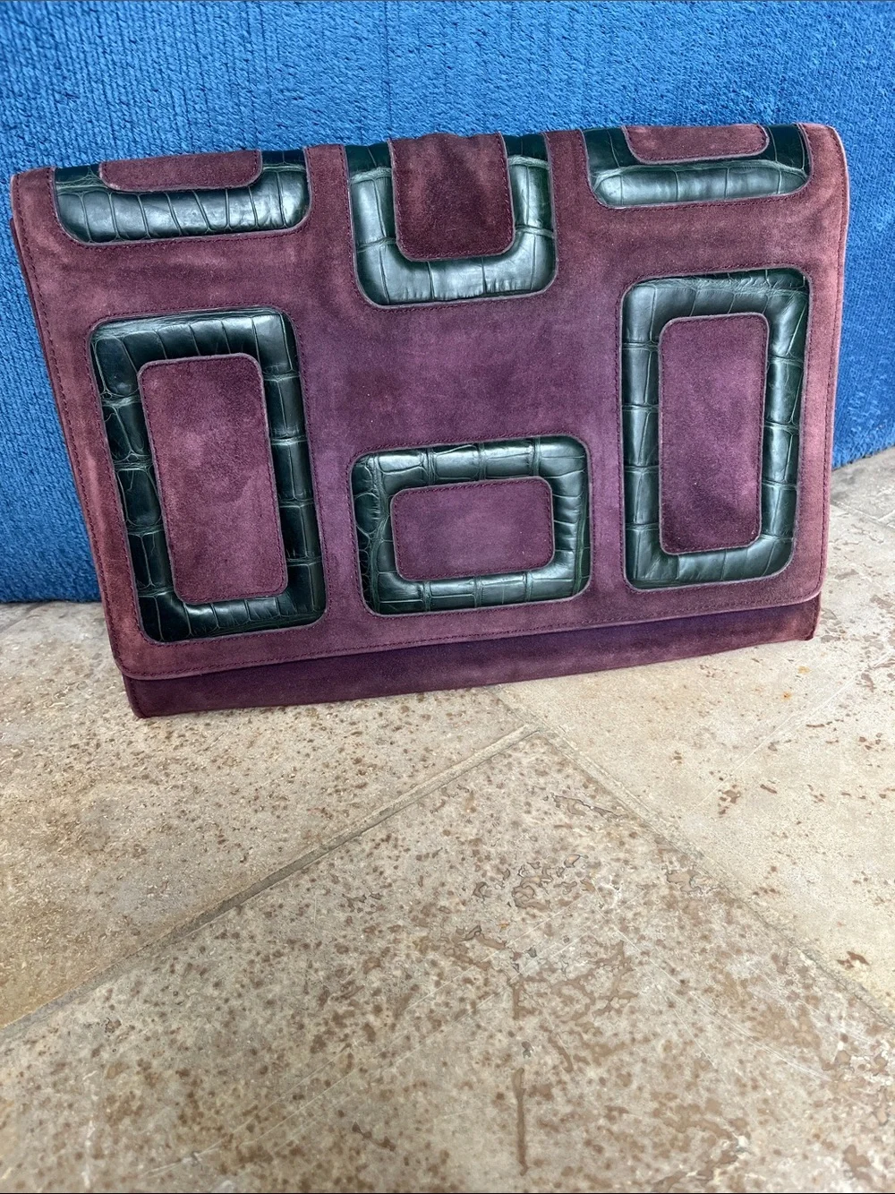 Roger Vivier Suede clutch w/Croc detail.   Loved and worn w/lots more life.